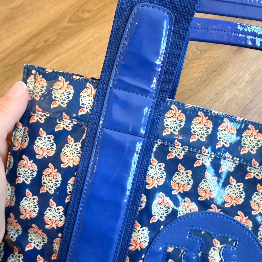 Tory Burch Ella Tote Bag Blue Floral Patent Leather Trim Logo Handbag